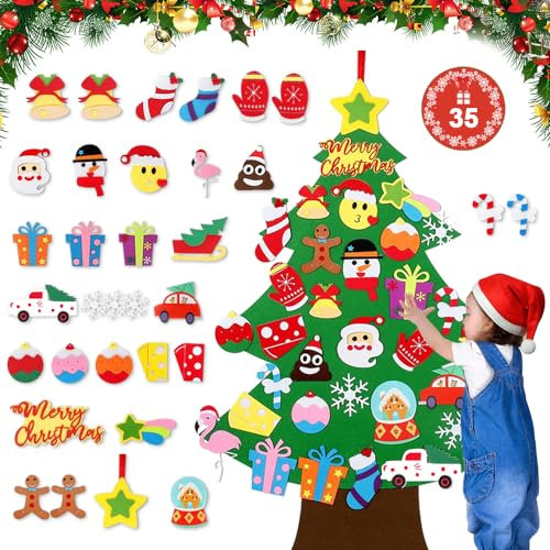 BNGXR Albero di Natale in Feltro, 95 cm Fai da te Albero di Natale in Feltro, con 34 pezzi Decorazione da Appendere, Decorazione per Feste di Natale, Regalo di Natale per Bambini