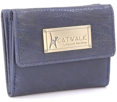 Catwalk Collection Handbags - Leder Geldbörse Damen - Portemonnaie Klein - 6 Kartenfächer und Münzfach - RFID Schutz - Geschenkbox - EVE - Blau