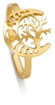 Dreamtimes Mondsichel Ring für Frauen Mädchen Einstellbare Edelstahl Offene Finger Yggdrasil Welt Baum des Lebens Ringe Wikingerschmuck (Gold)