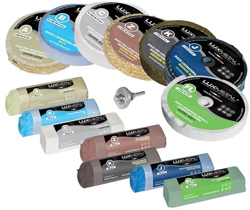 Lux Metal Kit de Pulido 7 Pasta Abrasiva Pulidora 250 gr y 7 Disco de Pulido 100 mm en Algodón Taladro Muela Disco para Pulir Acero Inoxidable Metales Aluminio Set para Pulir Latón Cromados fieltro
