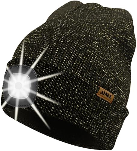 ATNKE LED Beleuchtete Mütze mit Licht,Wiederaufladbare USB 4 LED Beleuchtete Laufmütze Extrem Heller Lampe Winter Warme Stricken Mütze Technik Geschenke für Herren und Damen/Blended Black Goldwire