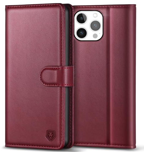 Kuafcase Compatible for iPhone 15 Pro Case with 4 Card Slots Magnetic Closure Kickstand Shockproof Protective Phone Case Compatible for iPhone 15 Pro - Wine Red