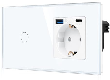 CNBINGO Glas Lichtschalter und USB Schuko Steckdose Unterputz (Typ-C und Typ-A 3,1 Amp / 20W Total) – Touch Lichtschalter mit LED Status – 1 Fach Weiß