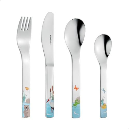 Kinderbesteck Tiere Manao 4tlg mit Gravur (zB Namen) von Puresigns inkl. Namensgravur auf der Rückseite, personalisiertes Geschenk zur Geburt/Taufe