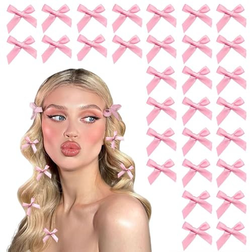 Mezrkuwr Lot de 30 barrettes à cheveux en satin rose - Mini nœud - Accessoires de cheveux mignons - Barrettes à cheveux pour femmes et filles - Mini épingles à cheveux - Rose