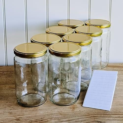 OOPS TOYS 720 ml Einmachgläser mit schraubdeckel mit Deckel Gold 8 Stk.- Einweckgläser mit Etiketten - Schraubgläser mit Deckel - Einmachglas groß - gläser (8 Stk.)