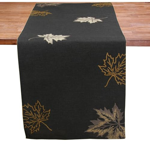 Elegante Herbstlaub-Stickerei Graue Tischläufer 40x85 cm – Hochwertiges Linen Optik Polyester, Perfekt für Herbstdekor und Thanksgiving – Verschiedene Größen Verfügbar!