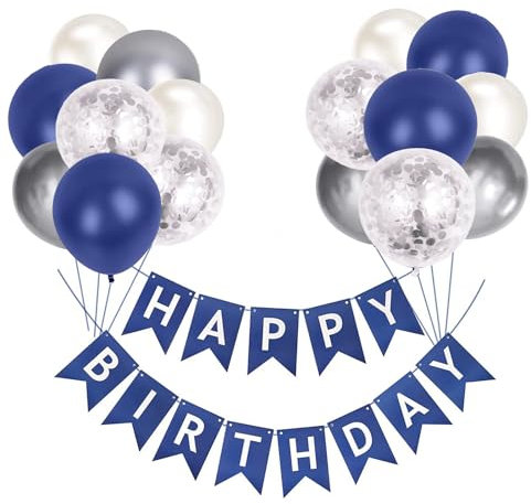 Luftballons Geburtstag Dekoration Set, Marineblau Silber Geburtstagsdeko Happy Birthday deko Banner Party Deko Geburtstag Set mit Marineblau Silber Latex Luftballons Konfetti Ballons(Marineblau)