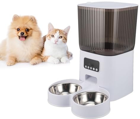 MENDUNER Cat Feeder, 5L Cat Food Machine, Multifunctional Feeder Cat Wet Food 304, Cat Food Dispenser with 5L for Cats and Dogs Indoors (Double bowl button)