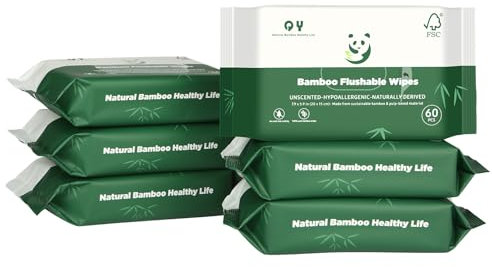 Bamboo Flushable Toilet Wipes,Septic Safe,Soft, Unscented,Eco Friendly, Natural Brown Wet Wipes for Women/kids/Adults 360Count (6 Packs of 60) Biodegradable