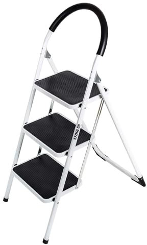 Escabeau à 3 marches BM TOOLS BMT-ESC3-ACIER, Haut. de Travail : 69 cm, se Range Facilement, Marches et Poignées Anti-dérapantes