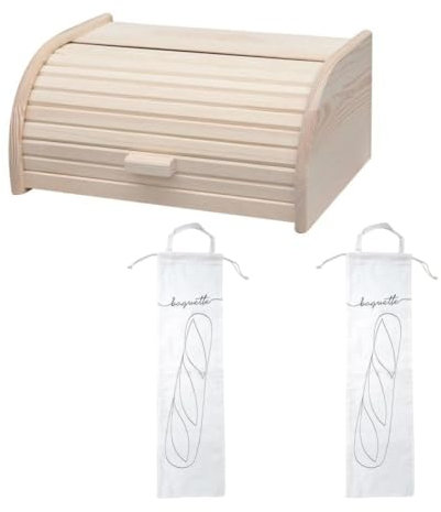 Fackelmann 9926750 Set de 3 ustensiles pour le pain avec Huche à pain et 2 Sacs de conservation pour le pain, Boite à pain, Sac en coton pour baguette, Coton, Blanc, Bois de pin, 40 x 28 cm