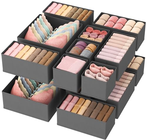 Lifewit 16 Pack Drawer Organiser, Dividers for Closet, Grey | Collapisble Fabric Foldable Cube Boxes for Dresser, Nursery, Bedroom, Clothes, Pants, Underwear, Sock, Bras Organization