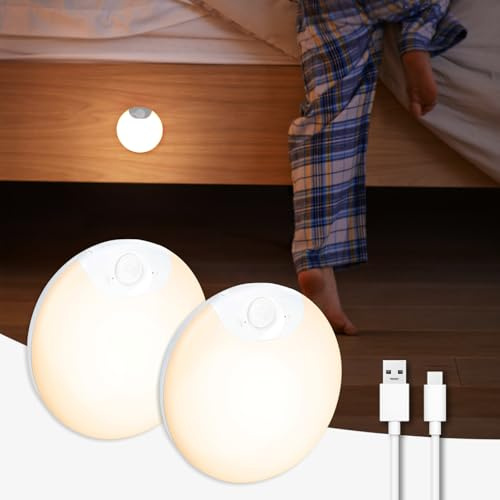 DAZZY DOT Lot de 2 veilleuses à détecteur de mouvement rechargeables, à piles, pour couloir, escaliers, détecteur de mouvement intérieur, magnétique, intensité variable, lumières de mouvement pour