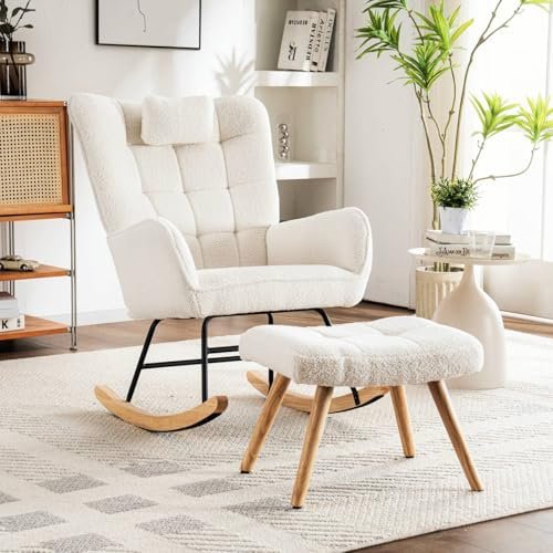 Chauffeuse Adulte 1 Place en Hévéa, Fauteuil à Bascule avec Repose-Pieds Réglable, Rembourrage Épais et Glissières Feutre, pour Salon, Jardin Extérieur ou Chambre