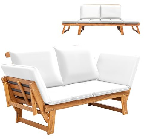 Greesum Divano letto convertibile con bracciolo regolabile, in legno di acacia, divano letto da esterno con cuscino e cuscino, panca pieghevole per veranda, cortile, piscina, bianco