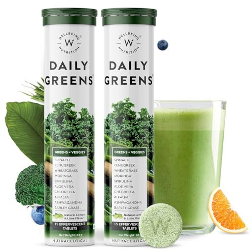 Wellbeing Nutrition Daily Greens | Wholefood Multivitamins with Vitamin C, Zinc, B6 for Immunity & Detox with Organic Certified Plant Superfoods & Antioxidants (2x15 Effervescent Tablets)