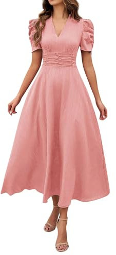 Vente Flash Robe Femme Ete Manches Courtes Fluide Robe Taille Haute Robe Bapteme Femme Business Doux Printemps Robe De Soiree Grande Taille Longue Regular Tenue Ample Ete Rose M
