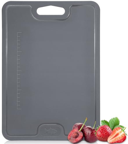 Chopping Board, Double Sided TPU Flexible Cutting Board with Scale and Handle, Non-Slip BPA Free Chopping Board with Deep Drip Juice Groove, Dishwasher Safe Chopping Boards for Kitchen, Grey Black