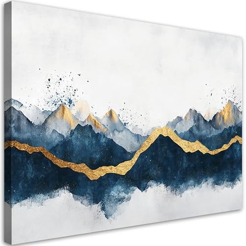 Feeby Leinwand Bilder - Bild Wohnzimmer - Abstrakt Gold Blau Modern - 120x80 1tlg - Deko Schlafzimmer Groß - Dekoration Canvas - Gemälde - Modern Wandbilder - Kunstdruck
