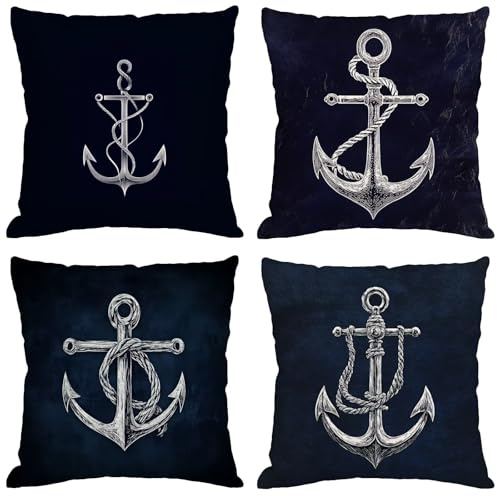 Outdoor Kissen Marine Kissenbezug 30x30 cm 4er Set Balkon Dekokissen Anker Outdoor Kissenhülle Wasserdichte Leinen Doppelseitiger Gedruckte Sofakissen Garten Balkon Zierpolster OutdoorDeko,Gifts Y-20