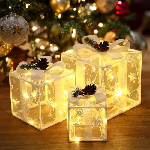 Joyoldelf LED Geschenkbox 3er Set, Weihnachts Dekoboxen Warm Weiß Beleuchtet Batterie Betrieben, Geschenkbox für Christbaumschmuck(Weißer Netzstil)