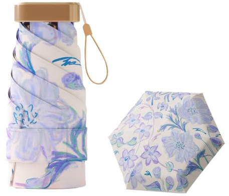 Meichoon UPF50+ Protección UV Paraguas de viaje compacto y liviano Mini portátil a prueba de viento Fuerte impermeable Sombrilla de sol plegable Diseño de flores de moda para mujeres