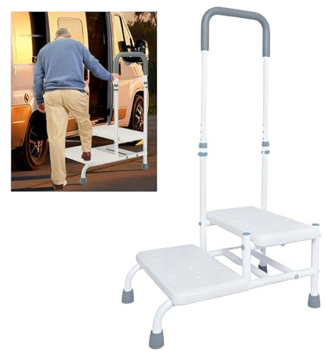 Tritthocker mit Haltegriff Senioren, 2 Stufen Verstellbarer Rutschfester Tritthocker Trittleiter, Tragfähigkeit bis 135kg, Sicherheitstritt für Senioren & Behinderte & Kinder, Badewanne, Bett & Auto