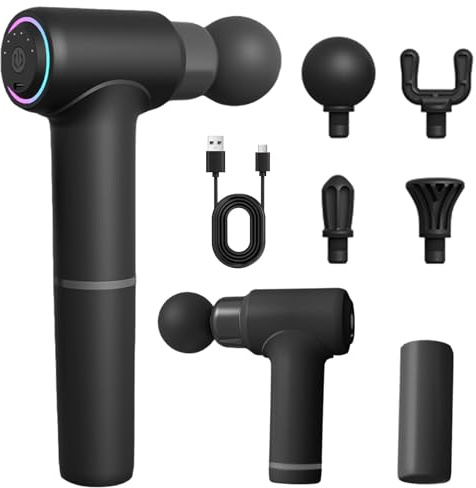 Behogan Massagepistole, 3200RPM Handmassagegerät, Langer Griff Massage gun mit 4 Massagekopf, USB C Aufladung, 6 Geschwindigkeiten, Muskelmassagepistole, Muskel Massage Entspannen Geschenk für Familie