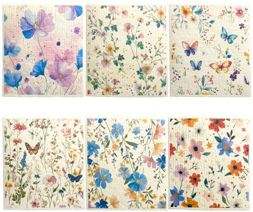 LEBKFT 6 Pcs Swedish Dishcloths, Reusable 100% Biodegradable Compostable Dish Cloths with Fruit Patterns Food-Safe Sponge Cloths Plastic-Free Sustainable Kitchen Cloths for Environmentalist (Flower)