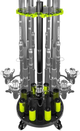 BOOSTEADY Supporto per Canna da Pesca per Garage, Portacanna da Pavimento per 20 Canne con Ruote Girevoli a 360°, Organizzatore di Attrezzatura da Pesca in Plastica ABS