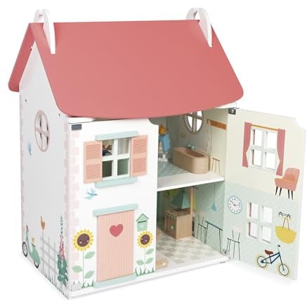 Janod - Ma Première Maison de Poupée en Bois - 10 Accessoires - Mobilier pour Poupées - Portes Magnétiques et Toit Amovible - Jouet en Bois FSC - Dès 3 Ans