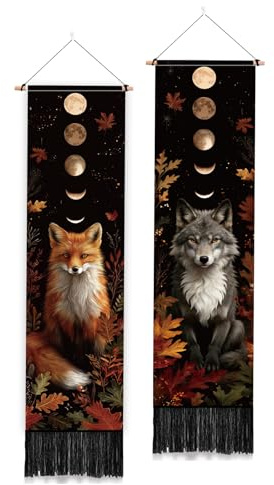 PLIGREAT 2er Pack Wandteppich Mit Mondphasen Tiermotiven Fuchs Wolf Kunst Langer Vertikaler Wandteppich Mit Quasten Ästhetischer Wandbehang Für Schlafzimmer Wohnzimmer Badezimmer Heimdekoration