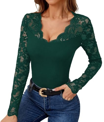 Mesh Top Womens Lace Tops Long Sleeve Elegant Sheer Top Women's Clothing Sexy Summer Blouses Going Out Tops V Neck Loose Fashion Clothing Valentine Gifts for Ladies Dark Green M