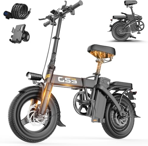 Electric Bike, 240W Powerful Motor, 48V Removable Battery, 60 KM PAS Range, 14 Folding Ebike, Electric Commuter Bicycle for Adults Teens (15AH)