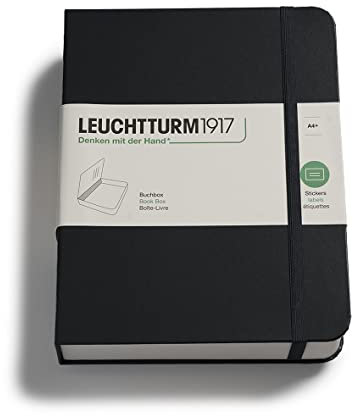 LEUCHTTURM1917 342482 Buchbox - Schachtel, Notizbuch-Look, 255 x 329 x 60 mm, mit Aufklebern, Gummi, 5 cm Füllhöhe - Schwarz