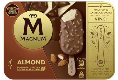 Magnum Glace Quatre Bâtonnets Amande, Vanille de Madagascar, Plaisir, Gourmande et Croquante, 100% Cacao Durable, 4 x 110 mL