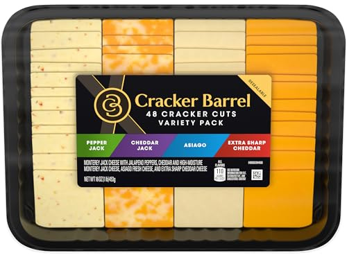 Cracker Barrel Cracker Cuts Pepper Jack, Cheddar Jack, Asiago & Extra Sharp Cheddar Cheese Slice Variety Pack, 48 ct Tray