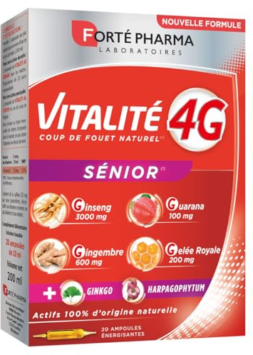 Forté Pharma - Vitalité 4G Sénior | Complément Alimentaire Energie - Ginseng, Gingembre, Guarana et Gelée Royale | 20 ampoules