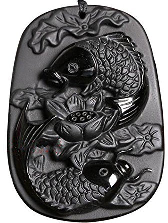 yigedan Halskette mit Anhänger aus natürlichem Obsidian, Silber, Lotusblüte, Libelle, Fisch, Karpfen