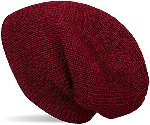 styleBREAKER Unisex melierte Feinstrick Beanie Mütze mit Fleece Futter, Slouch Longbeanie, warme Winter Strickmütze 04024153, Farbe:Rot-Schwarz