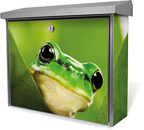banjado® Burgwächter Briefkasten Edelstahl 38,5x31,5x12cm mit Motiv Frosch/Briefkasten Edelstahl ohne Zeitungsfach/Briefkasten grau/Postkasten inkl. Montagematerial & 2 Schlüsseln