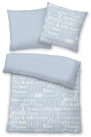 LIVING DREAMS Mako-Satin Wendebettwäsche Typelove blau 1 Bettbezug 155 x 220 cm + 1 Kissenbezug 80 x 80 cm