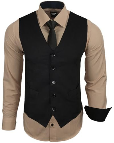 Subliminal Mode - Gilet + Chemise + Cravate Homme Col Bicolore Uni Manches Longues Coupe Ajusté Business Repassage Facile RN33 Noir et Beige XL
