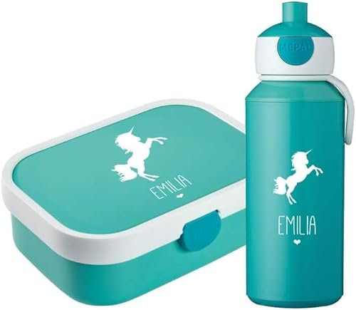 4ou Design Mepal Set Brotdose & Trinkflasche personalisiert mit Namen – Silhouette Einhorn türkis – Auslaufsicher, Bento Einsatz rausnehmbar, inkl. Snackgabel – BPA frei – Geschenk für Kinder