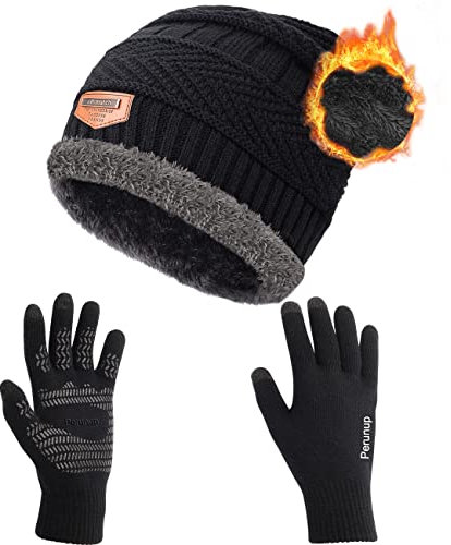 Petrunup Winter Slouch Beanie und Touchscreen Handschuhe Set, Skull cap Handschuhe Strick Warm Herren Damen, Schwarz