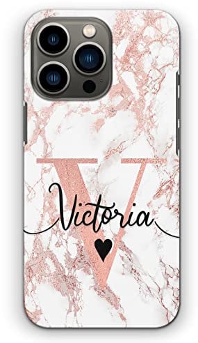 Personalised Initials Hard Phone Case For Apple iPhones, 16, 15, 14,13, 12, 11, Pro Max, Mini, XR, SE Pink White Marble with Heart, Pink Custom Initial and Black Name Marble Case, Hard Phone Cover