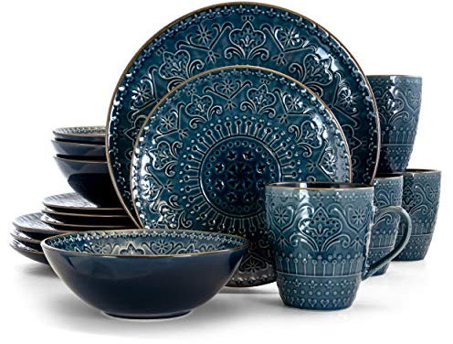 Elama Deep Mozaic Round Stoneware Embossed Dinnerware Dish Set, Sea Blue with Brown Trim