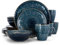 Elama Deep Mozaic Round Stoneware Embossed Dinnerware Dish Set, Sea Blue with Brown Trim