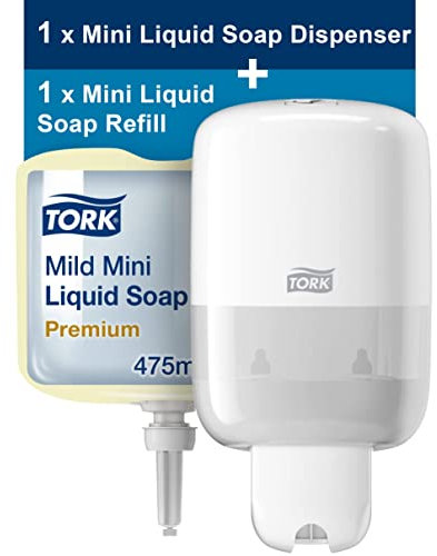 Tork Mini Seifenspender für Flüssigseife S2 / Weißer Seifenspender + Milde Mini Flüssigseife Premium für Tork S2 Mini Seifenspender Systeme / Gelb, 1 x 475 ml